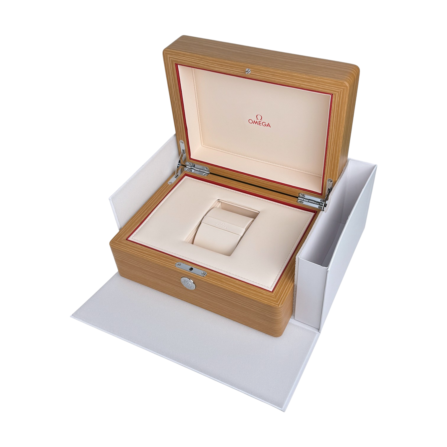 Omega Holz Uhrenbox Box Umkarton Braun wood watch box brown