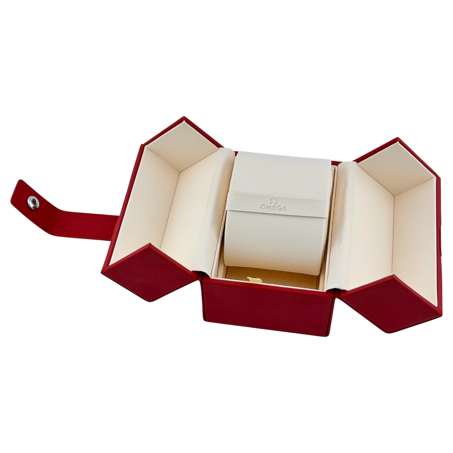 Omega Uhrenetui Etui Reiseetui Reisebox Box Roter Schriftzug travel pouch case