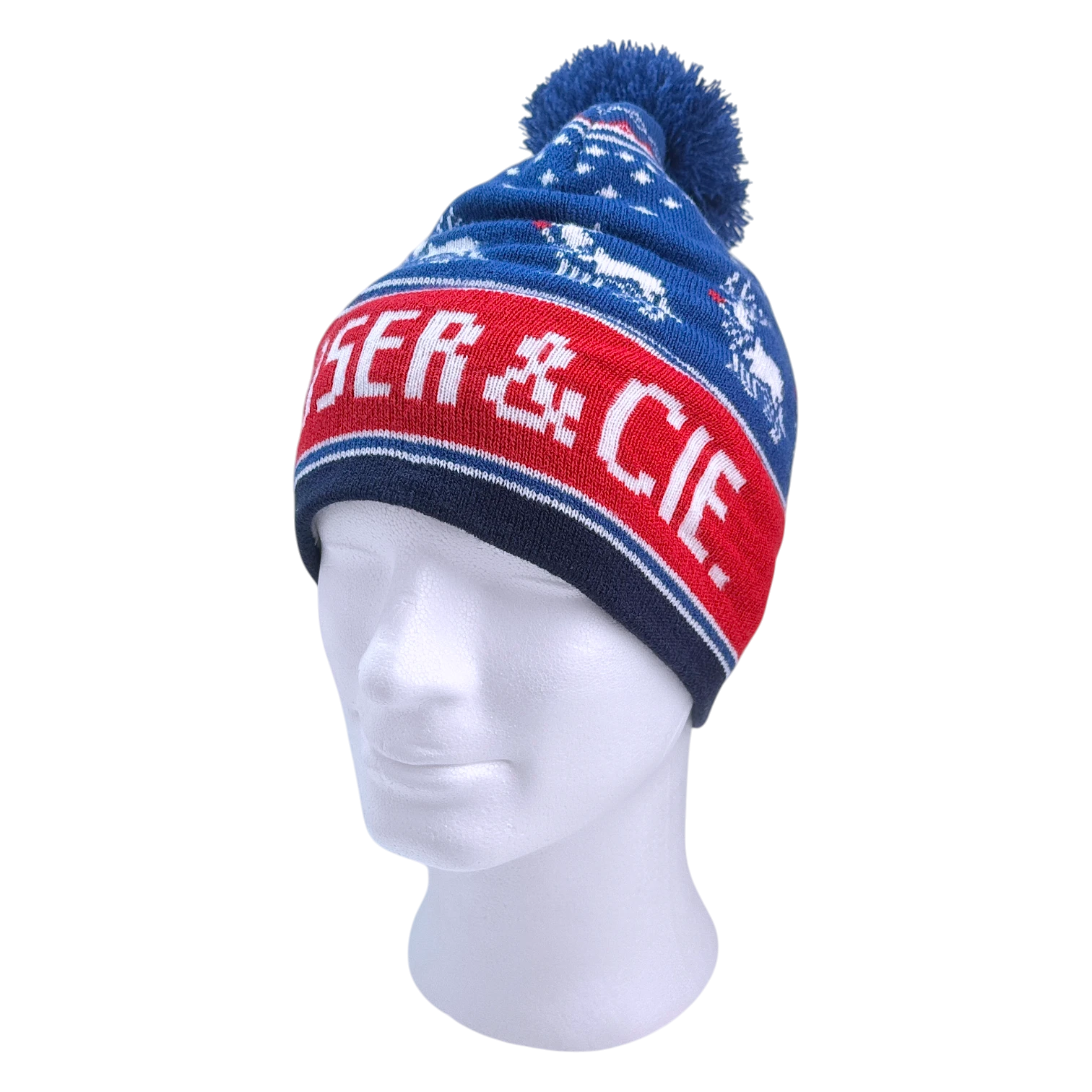 H. Moser & Cie. Bommel Weihnachtsmütze Blau - Pudelmütze Rentier-Muster