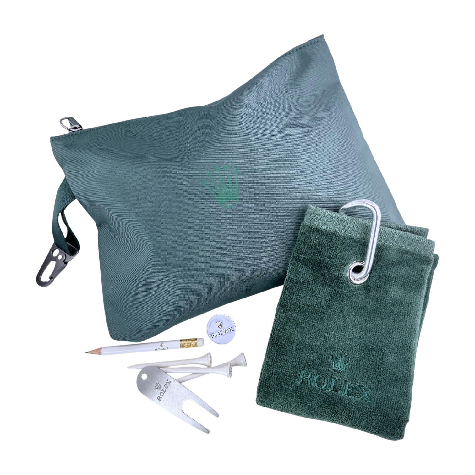 Rolex golf set: club cloth, tees, pitchfork, pencil, ball marker