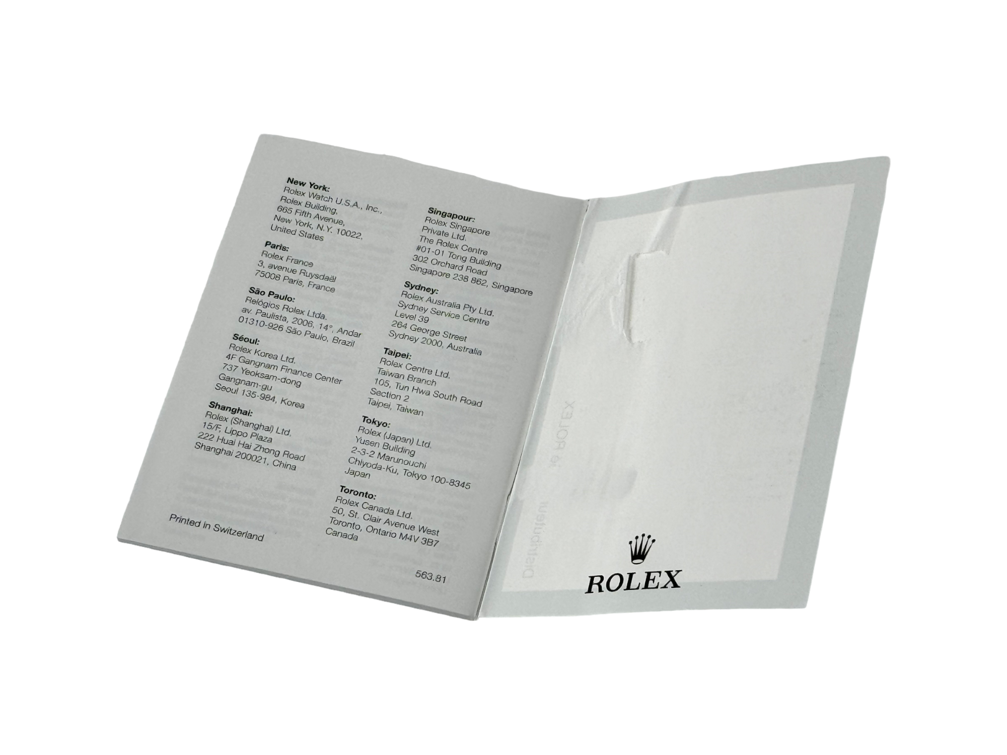 Rolex Manuel de Garantie Officiel Service Mondial Garantie Booklet 563.81