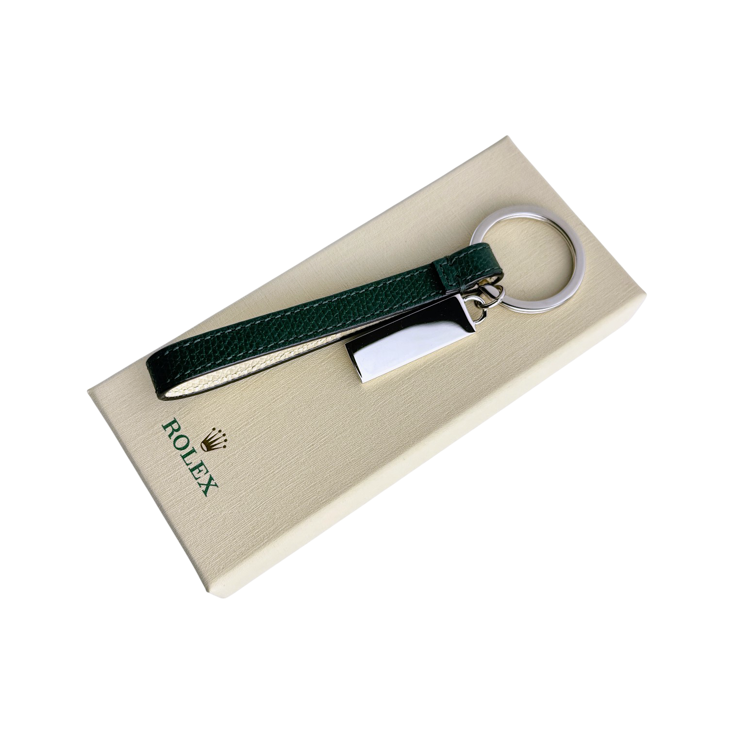 Rolex Leder, Edelstahl Schlüsselanhänger Anhänger in Grün, Beige