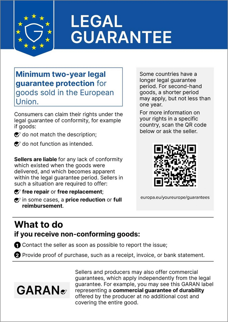 Legal guarantee: minimum two-year legal guarantee protection for goods sold in the European Union. If goods do not match the description or do not function as intended, consumers are entitled to free repair or free replacement, in some cases to a price reduction or full reimbursement. More information: europa.eu/youreurope/guarantees
