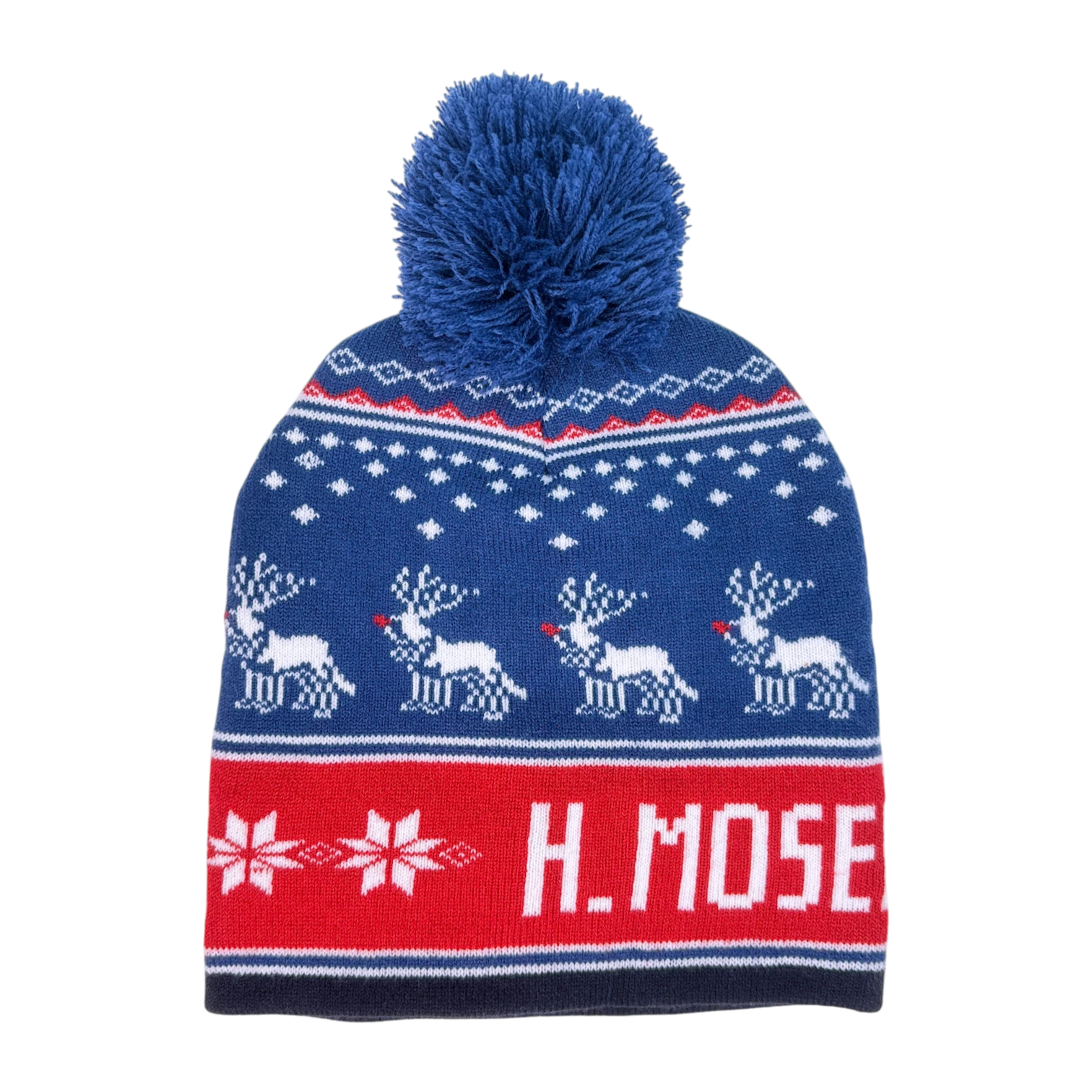 H. Moser & Cie. Bommel Weihnachtsmütze Blau - Pudelmütze Rentier-Muster