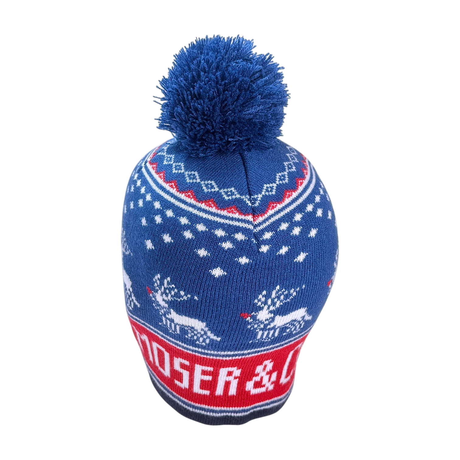 H. Moser & Cie. Bommel Weihnachtsmütze Blau - Pudelmütze Rentier-Muster