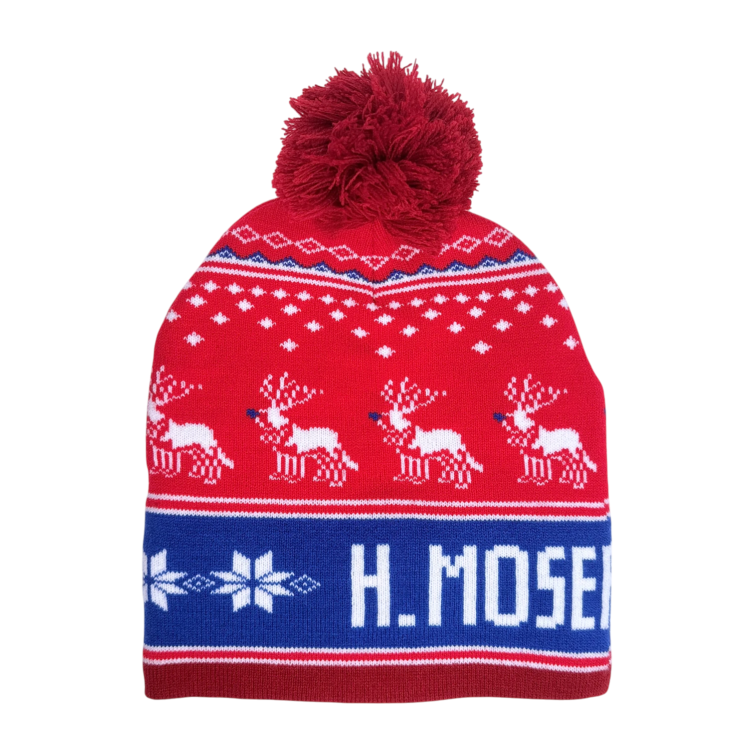 H. Moser & Cie. Bommel Weihnachtsmütze Rot - Pudelmütze Rentier-Muster