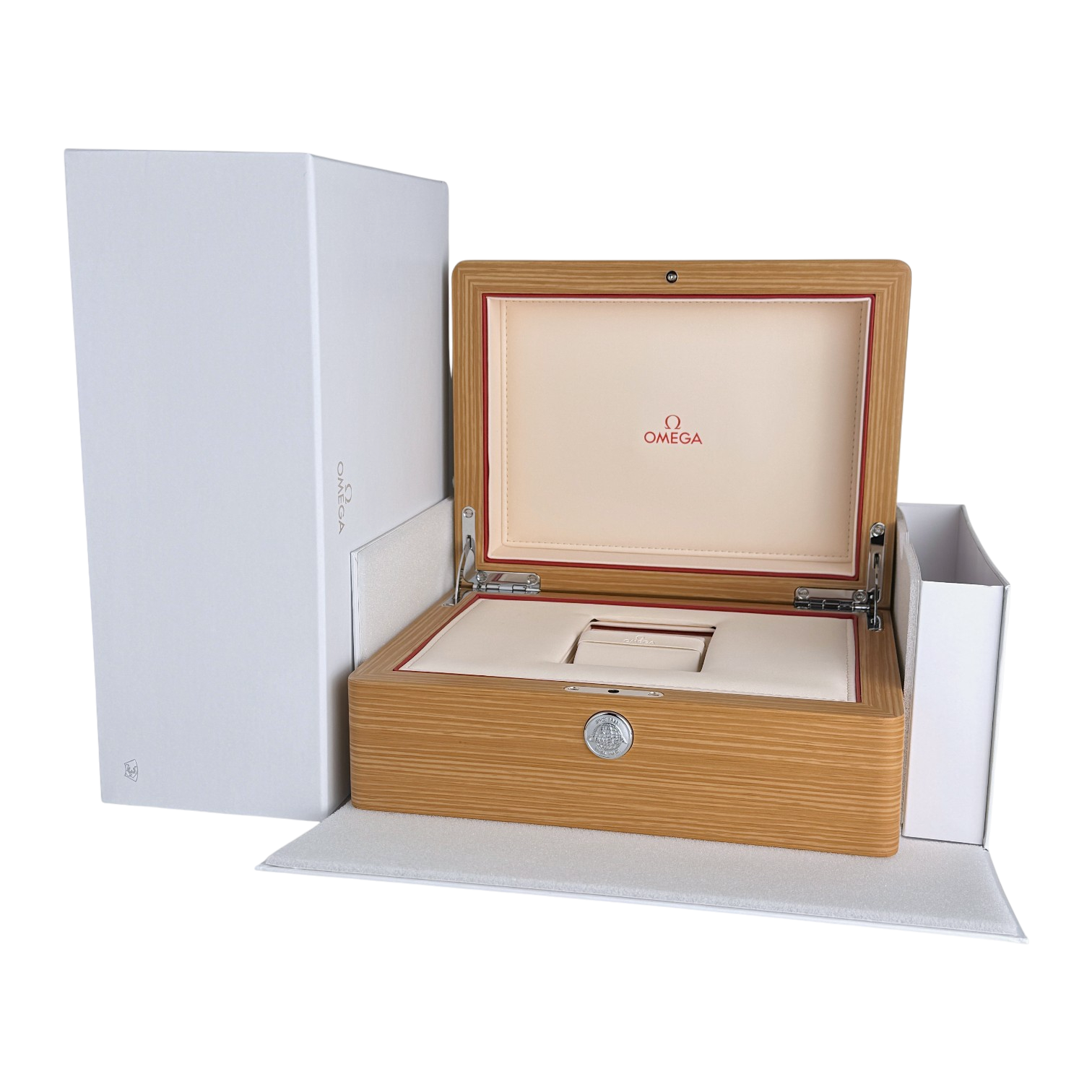 Omega Holz Uhrenbox Box Umkarton Braun wood watch box brown