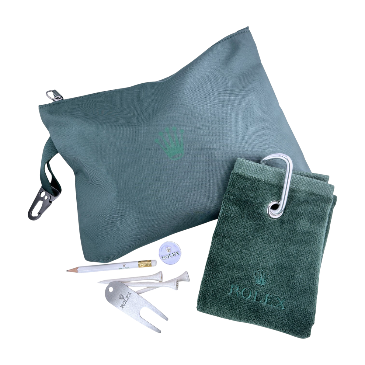 Rolex golf set: club cloth, tees, pitchfork, pencil, ball marker