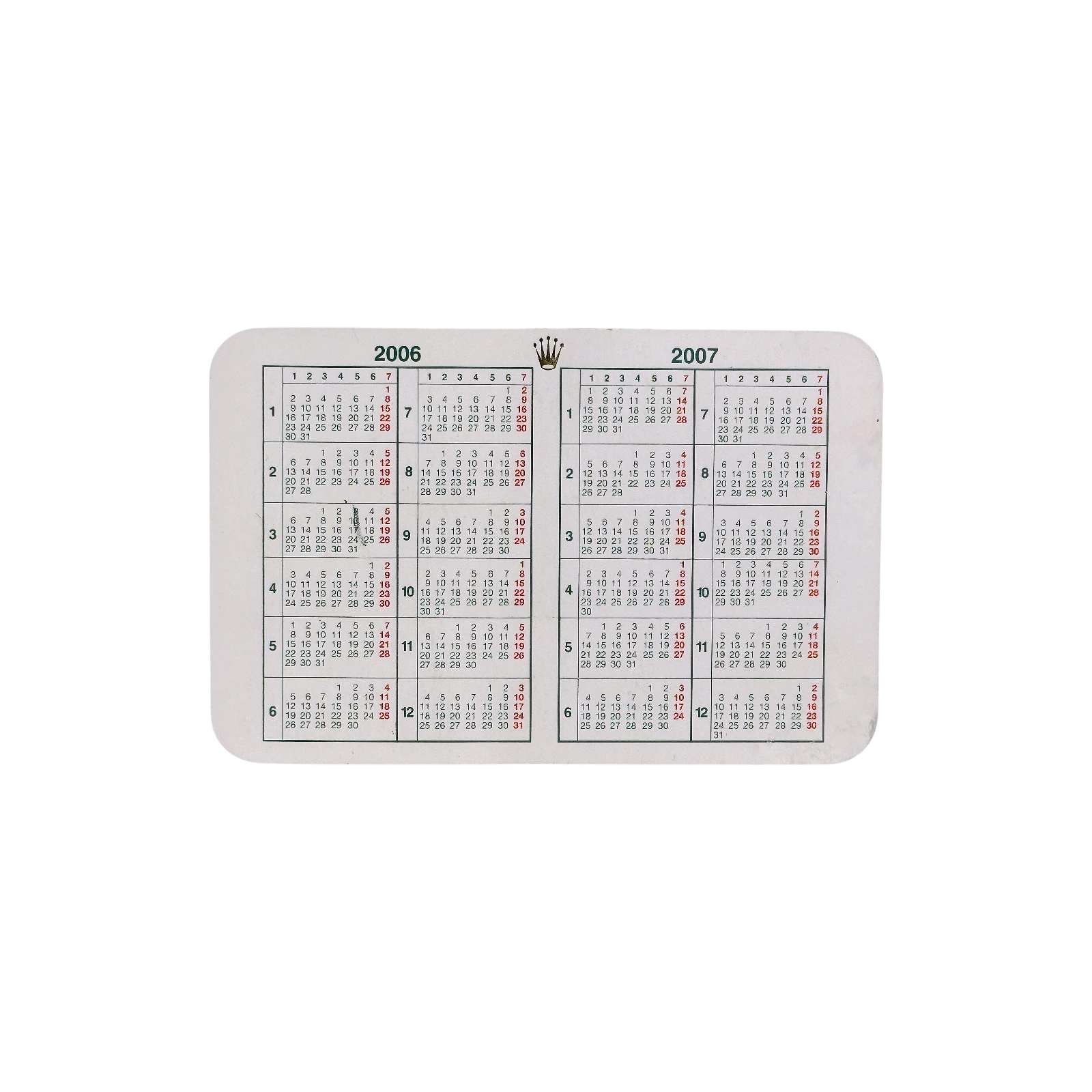 Rolex Vintage Kalenderkarte Jahre 2006/2007 Weiß, Grün