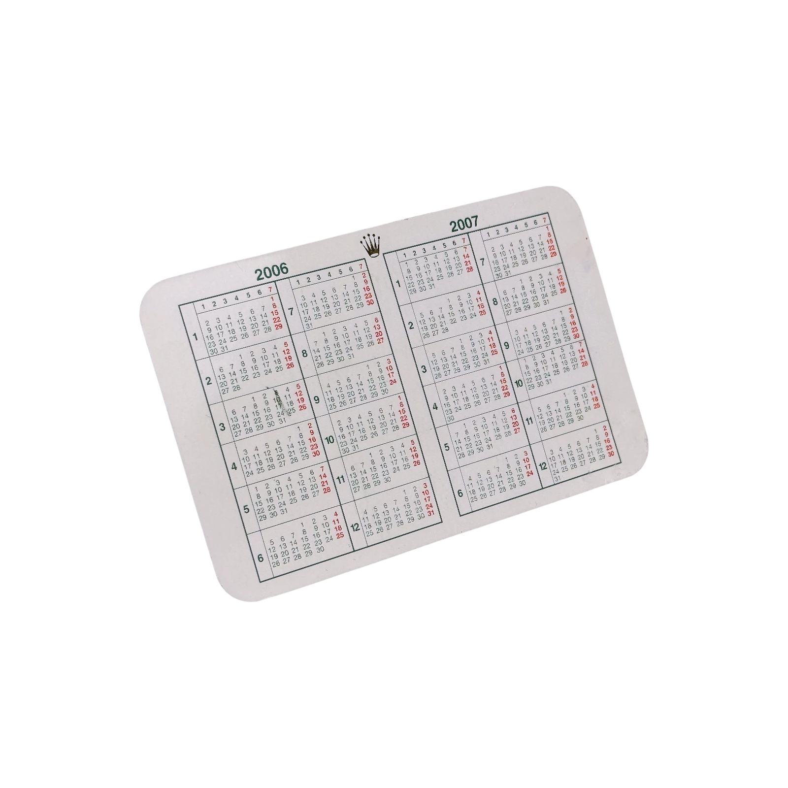 Rolex Vintage Kalenderkarte Jahre 2006/2007 Weiß, Grün