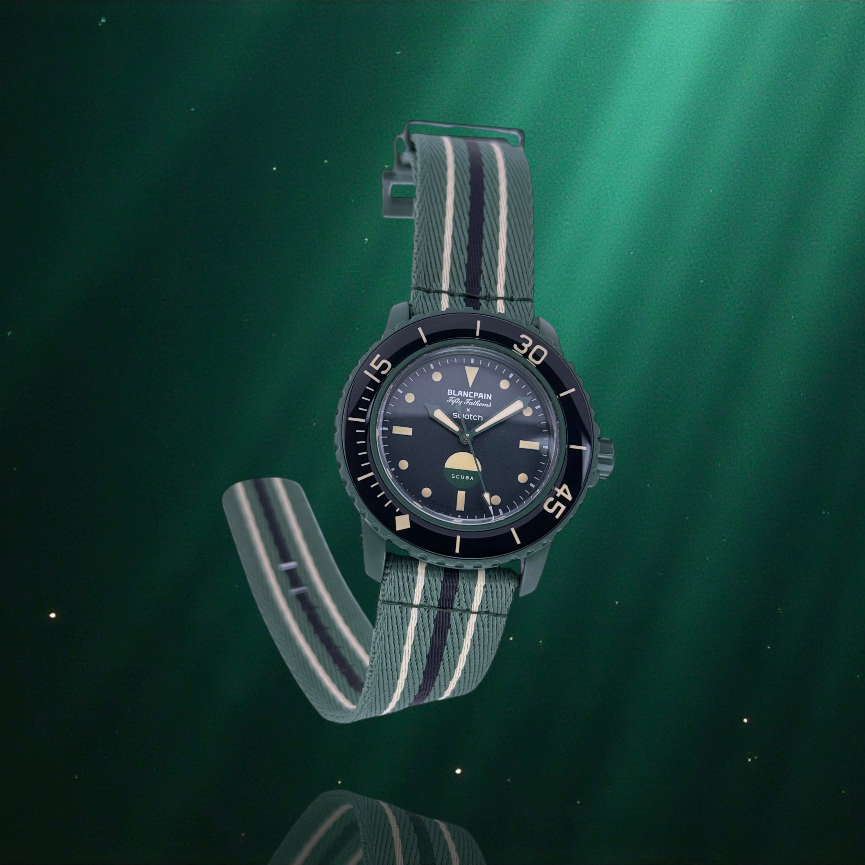 Swatch x Blancpain Scuba Fifty Fathoms Green Abyss Armbanduhr Ref. SO35G100