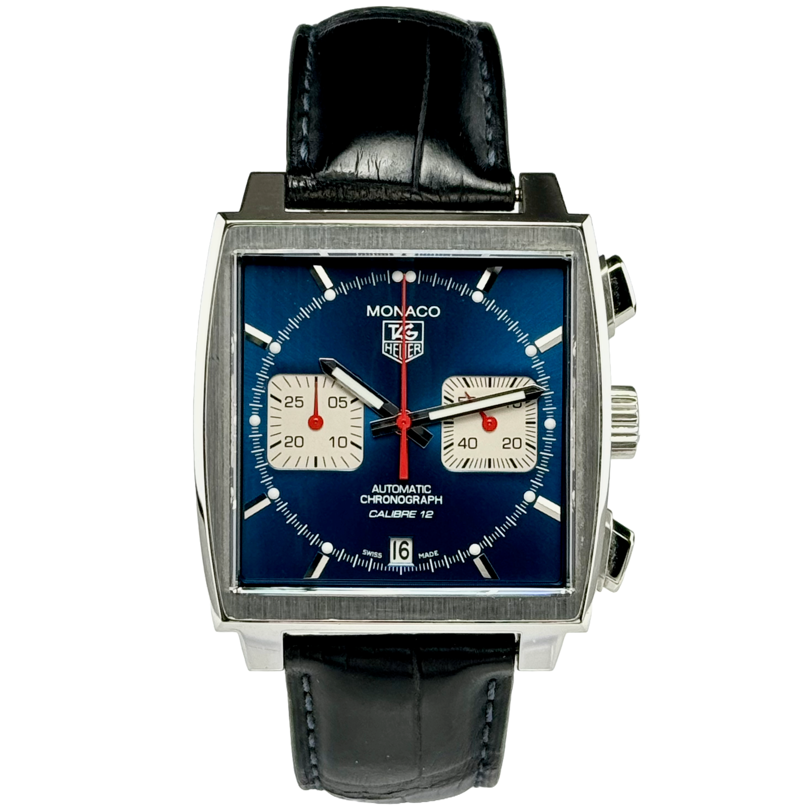 TAG Heuer Monaco Calibre 12 Chronograph CAW2111.FC6183 Automatik Herrenuhr Uhr Mens watch Lederarmband Blau Blue